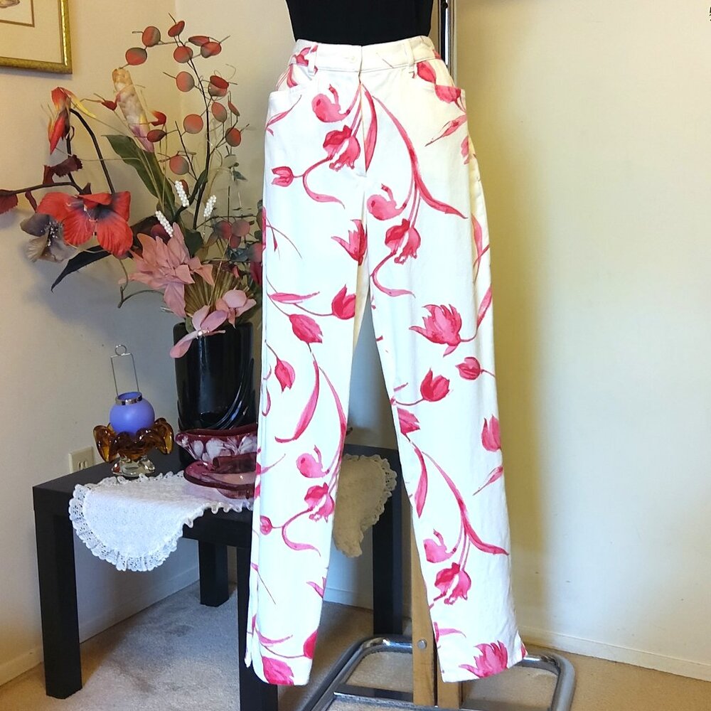 VTG gardeur Women's High Waisted Super Slim Stretch Red Floral Printed Pants